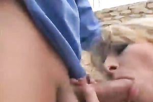 Outdoor irrumation sex scene with a salacious blond milf