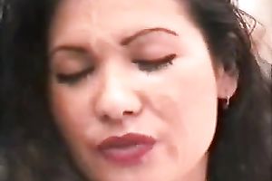 Cute brunette milf wife getting facial on home video