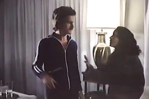 Petite brunette hair acquires drilled my masked chaps in retro movie scene