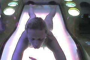Fuckable golden-haired slut was caught on hidden webcam in solarium