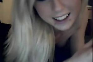 Lewd golden-haired in knee socks stuffs her muff with it