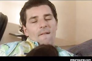 Brown-haired milf enjoys cunni and jumps on a hard cock