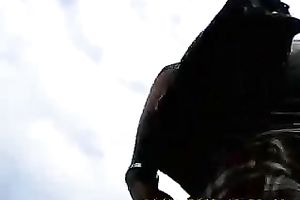 Sexy upskirt view of non-professional brunette sweetheart that I made while standing in line