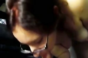 Brunette hussy sucks my shlong devotedly and receives a facial ejaculation