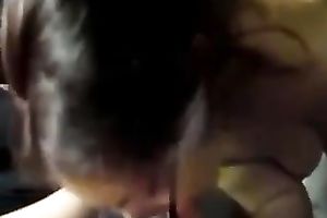 Brunette hussy sucks my shlong devotedly and receives a facial ejaculation