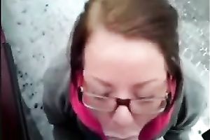 Blowjob by the road from plump geek white chick in daylight