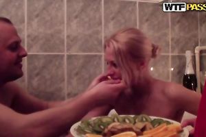 Nude blond amateur wife enjoys a romantic date with her BF in the washroom