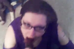 Chubby wench wearing glasses is engulfing my dick deepthroat