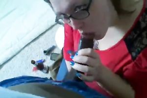 Chubby wench wearing glasses is engulfing my dick deepthroat