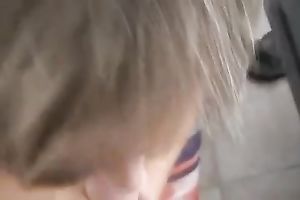 Short-haired golden-haired milf gives me a fellatio and handjob combo