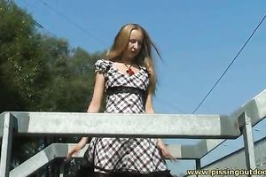 Cute blonde Married slut with skinny body pees on the upstairs