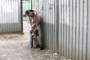 Public pissing movie scene with perverted brunette hair babe Olga