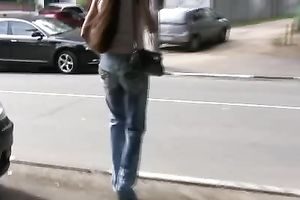 Public pissing movie scene with perverted brunette hair babe Olga