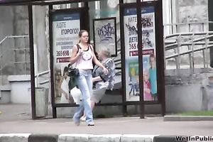 Public pissing movie scene with perverted brunette hair babe Olga