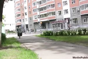 Public pissing movie scene with perverted brunette hair babe Olga