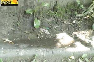 Sexy brunette hair playgirl in jeans can't live without pissing on the stairs