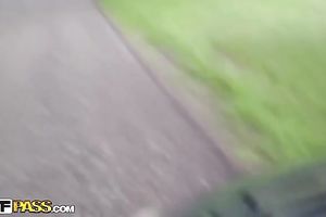 Shameless dark brown sweetheart Ella masturbates on the hood of car outdoors