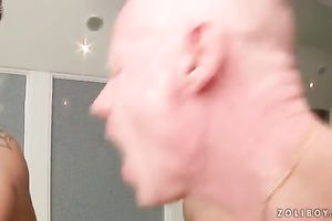 Excited golden-haired floozy with ribald throat sucks four large rods