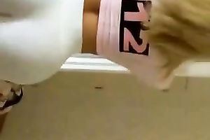 Hot blond honey in her yoga panties showing off her wazoo and bazookas