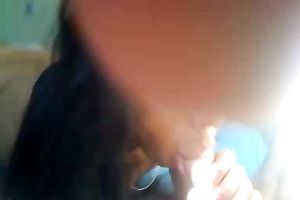 Lewd dark brown Latina whore joyfully blows my thick knob