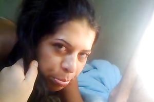 Lewd dark brown Latina whore joyfully blows my thick knob