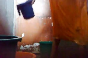 Skinny ugly mature Bangla brunette hair washes her body on cam