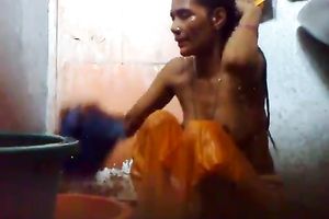 Skinny ugly mature Bangla brunette hair washes her body on cam