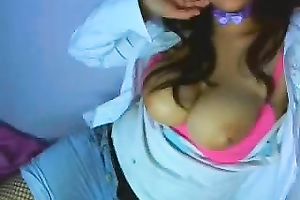 Exquisite brunette hair with flawless D-cups on livecam vid