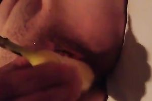 Kinky dilettante girlfriend of mine used banana to tease her moist twat