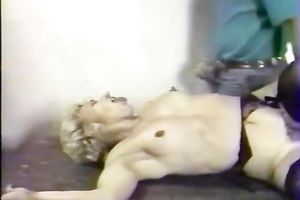 Nasty retro golden-haired is attacked by 2 slutty studs