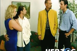 Sweet golden-haired milf doesn't mind fucking some dudes on the daybed