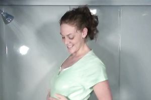 Sassy non-professional brunette hair lady takes shower jerking off her goodies