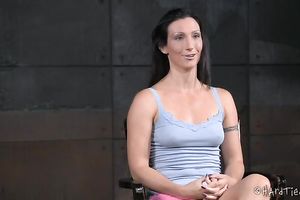 Slim white dark brown has to wear spandex mask and acquires muff teased