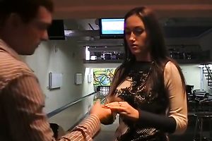 Ravishing brunette hair Russian gal Vika learns how to play bowling