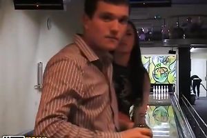 Ravishing brunette hair Russian gal Vika learns how to play bowling