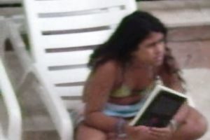 Teen brunette hair latin chick honey on the lounger by the pool