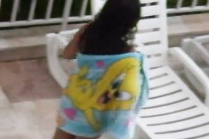 Teen brunette hair latin chick honey on the lounger by the pool