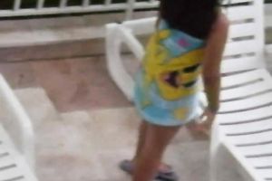 Teen brunette hair latin chick honey on the lounger by the pool