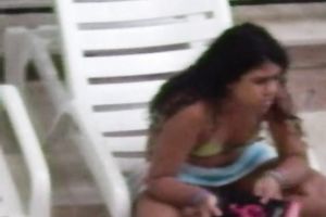 Teen brunette hair latin chick honey on the lounger by the pool