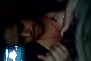 Lusty buxom sweetheart was wanking her boyfriend properly in the black room