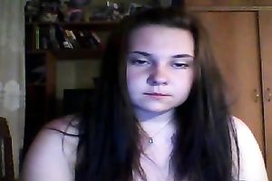 Cute and chunky legal age teenager brunette hair flashes her meatballs on cam