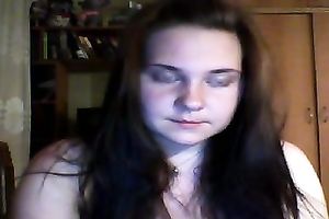 Cute and chunky legal age teenager brunette hair flashes her meatballs on cam