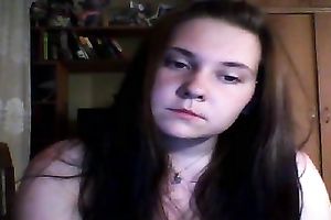 Cute and chunky legal age teenager brunette hair flashes her meatballs on cam