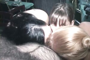Three excited sluts have a fun engulfing a man's wang indoors