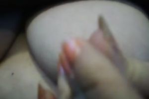 Mature neighbor playing with large firm teats intensively