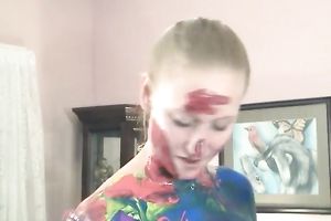 Boy painting time with worthwhile looking lean dilettante blondie