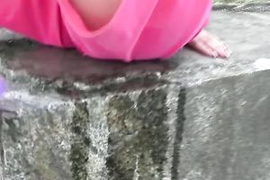 Redhead Russian whore in pink panties pisses in the park