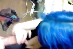 Slutty punk legal age teenager hottie with blue hair gives head on POV