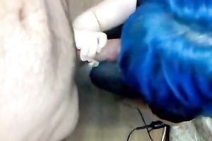 Slutty punk legal age teenager hottie with blue hair gives head on POV