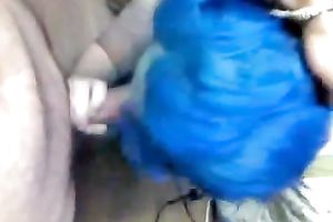 Slutty punk legal age teenager hottie with blue hair gives head on POV